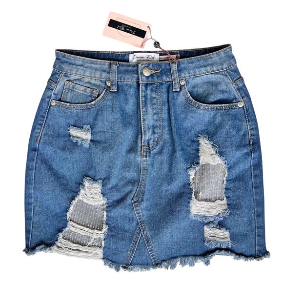 NEW Denim Distressed Jeans Mini Skirt Women's Medium Sequins Casual Grunge Sexy - Picture 1 of 8